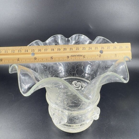 Vintage Clear Crackle Glads Ruffled Top Glass Vase Vessel Hand Blown Vase VTG - Picture 4 of 16